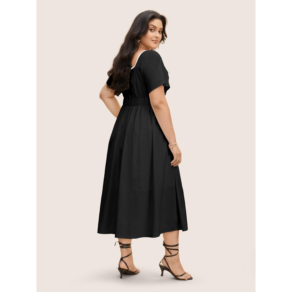 Plus Size Contrast Trim Tie Knot Elastic Waist Dress Black Women Elegant Tie knot Square Neck Short sleeve Curvy BloomChic 14-16/1X Product Image