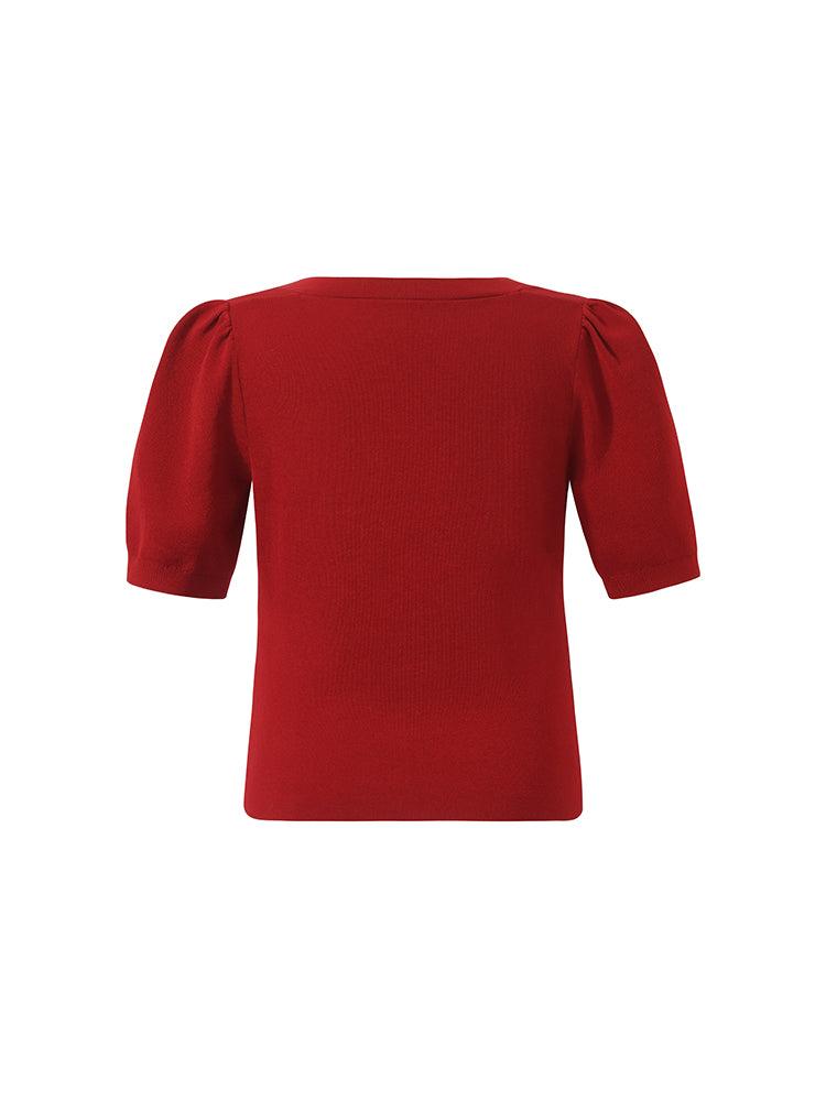 Tencel-Silk Blend Ruched Women Knit Top With Rose Shaped Button Product Image