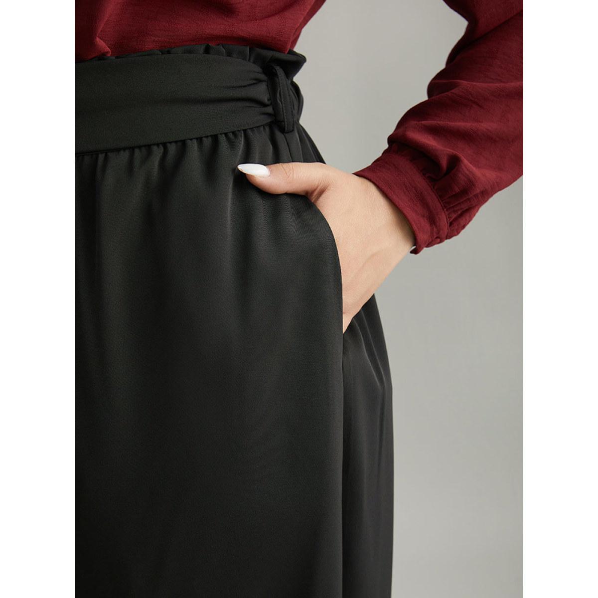 Plus Size Static-Free Solid Glitter Buckle Detail Belted Pants Women Black Office Straight Leg High Rise Office Pants BloomChic 22-24/3X Product Image