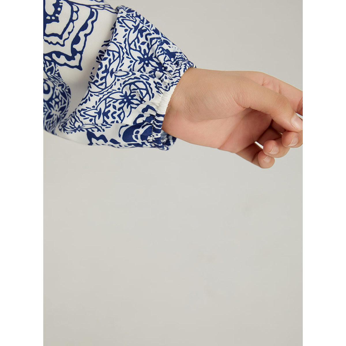 Plus Size Bandana Print Notched Belted Dress Blue Women Vacation Elastic cuffs Notched collar Long Sleeve Curvy Midi Dress BloomChic 22-24/3X Product Image