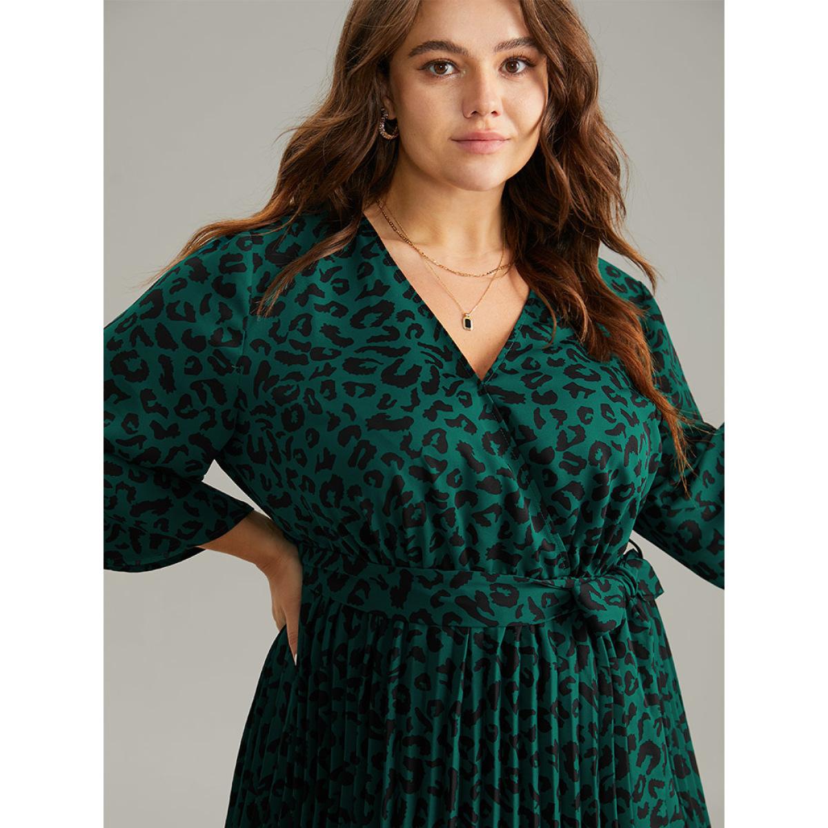 Plus Size Leopard Wrap Elastic Waist Pleated Belted Dress Cyan Women At the Office Wrap Overlap Collar Elbow-length sleeve Curvy Midi Dress BloomChic 12/L Product Image