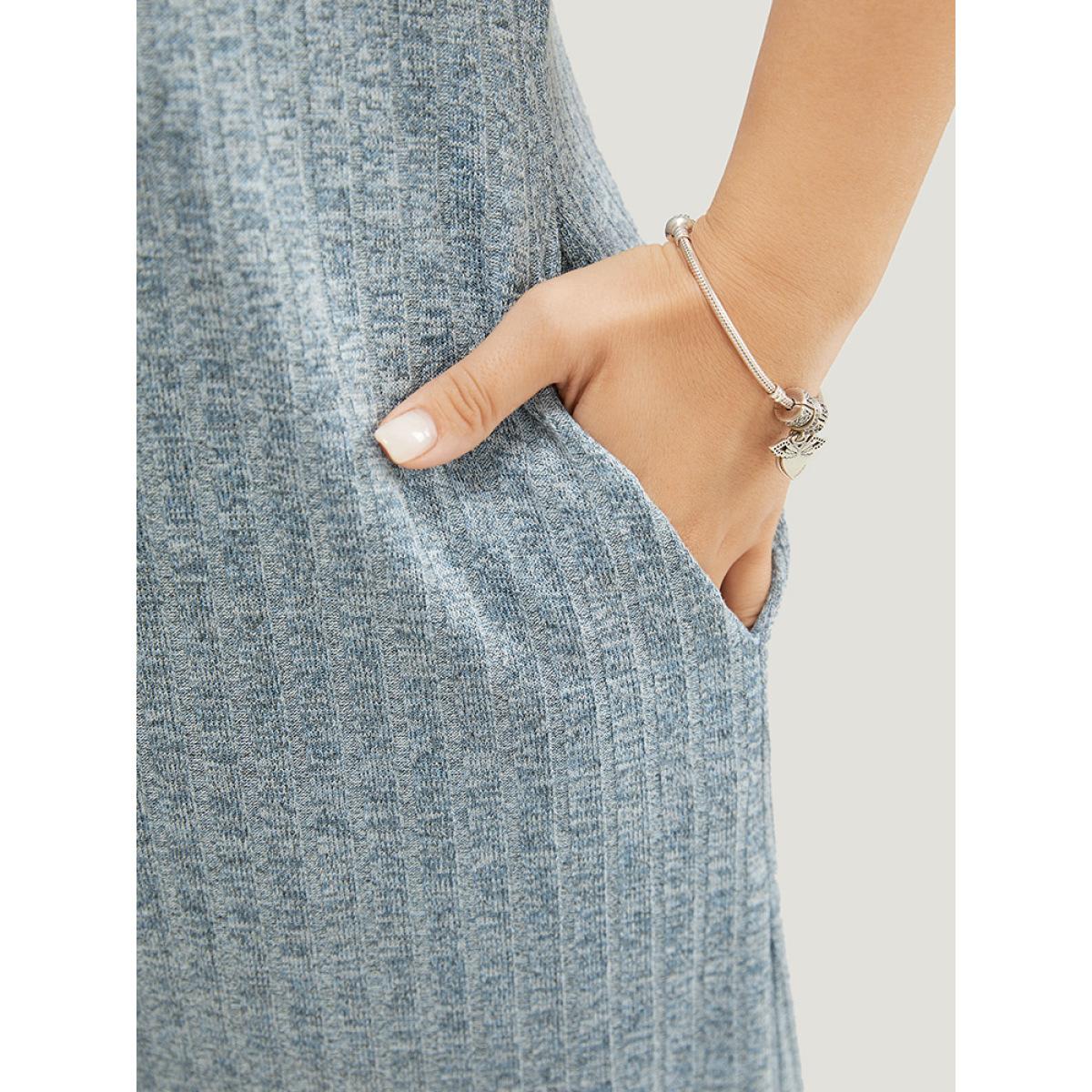 Plus Size Colorblock Contrast Pocket Crisscross Detail Rib Knit Dress Stone Women Casual Contrast Round Neck Short sleeve Curvy Midi Dress BloomChic 30/6X Product Image