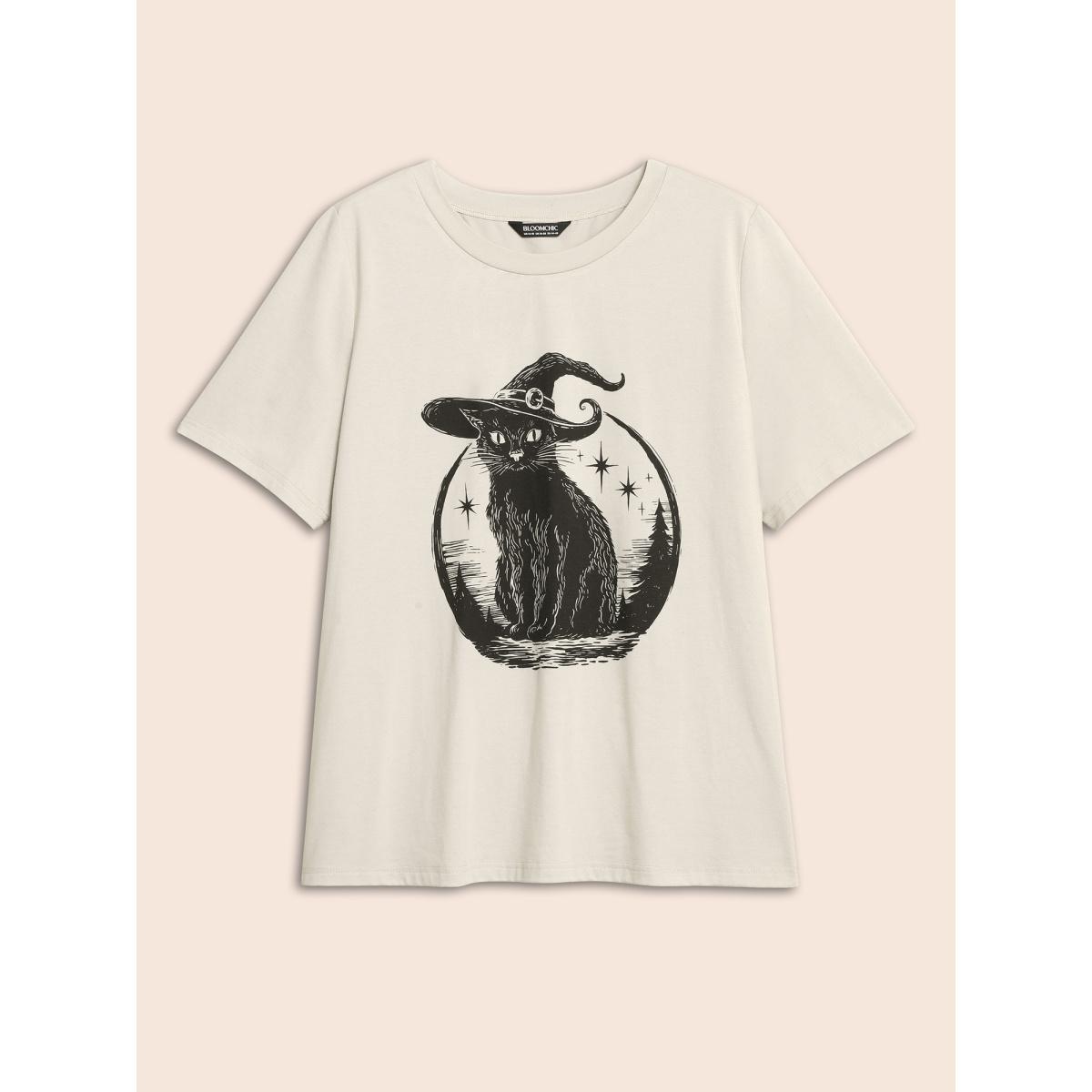 Plus Size Bewitched Cat Printed Crew Neck T-shirt Champagne Women Casual Non Halloween Round Neck Everyday T-shirts BloomChic 18-20/2X Product Image