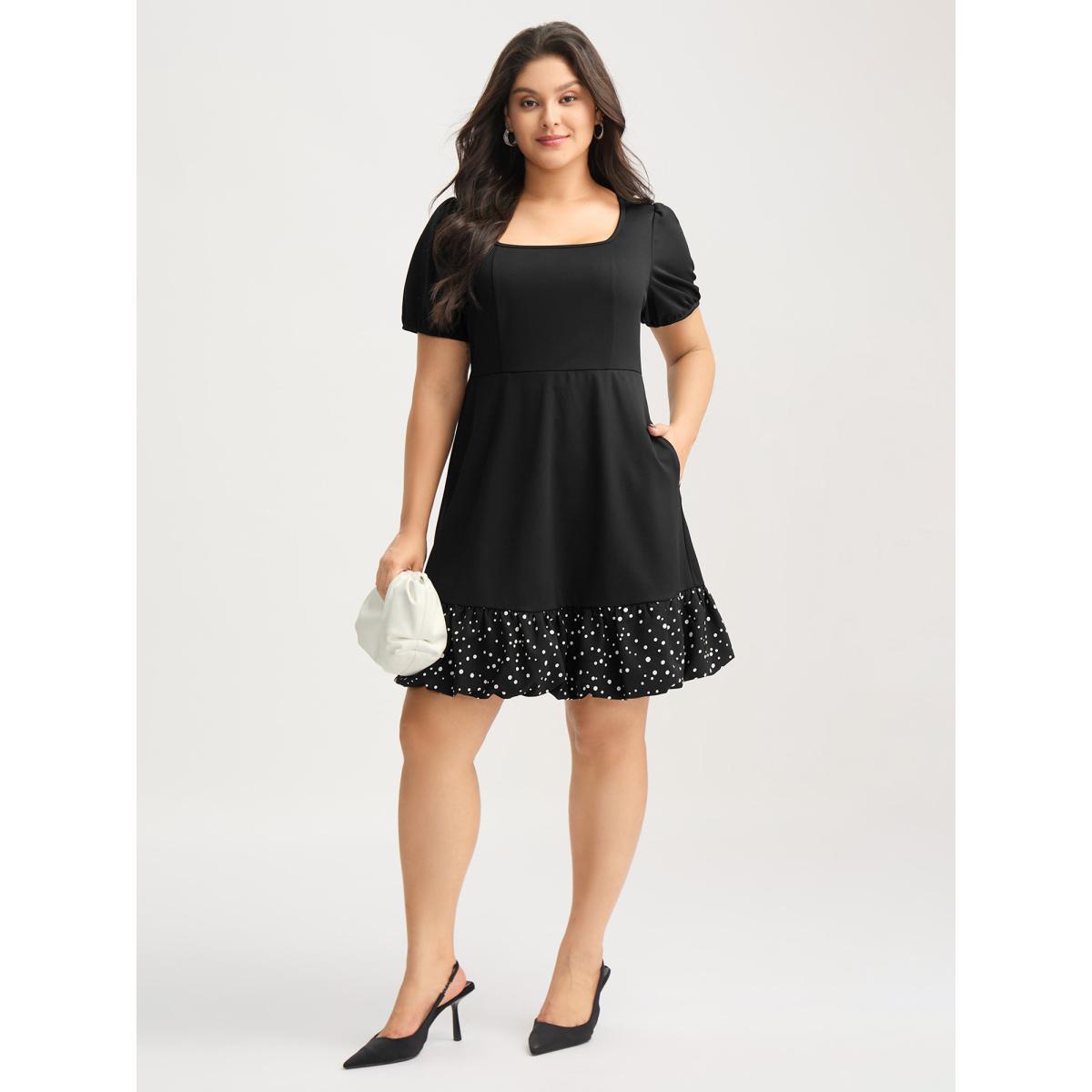 Plus Size Stretchy Bubble Hem Polka Dots Midi Dress Black Women Square Neck Short sleeve Curvy BloomChic 12/L Product Image