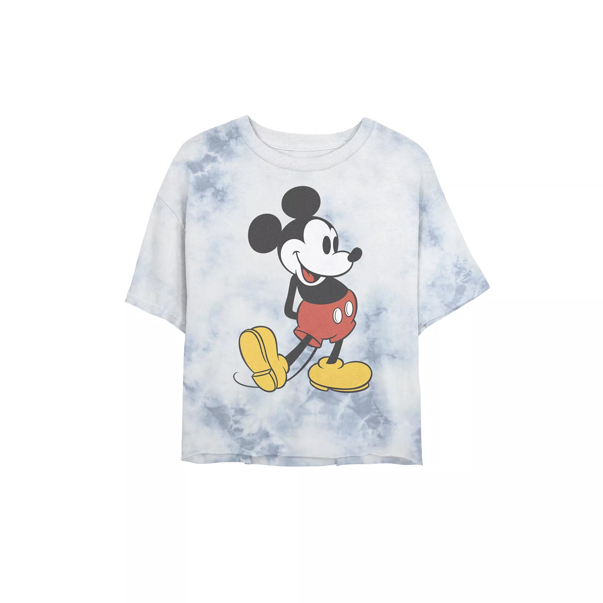 Juniors' Disney Mickey Mouse Vintage Leg Kick Bombard Wash Crop Graphic Tee, Women's, Size: Large, White Blue Product Image