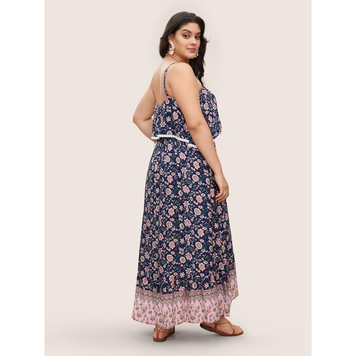 Plus Size Bandana Print Spaghetti Strap Pocket Ruffles Asymmetrical Hem Maxi Dress Navy Women Resort Non Non Sleeveless Curvy Long Dress BloomChic 12/L Product Image