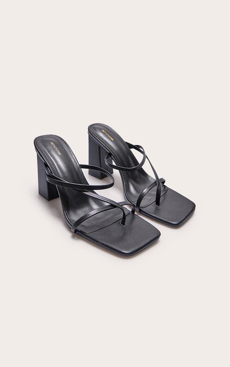 Black PU Toe Loop Strappy Block Heeled Mules Product Image
