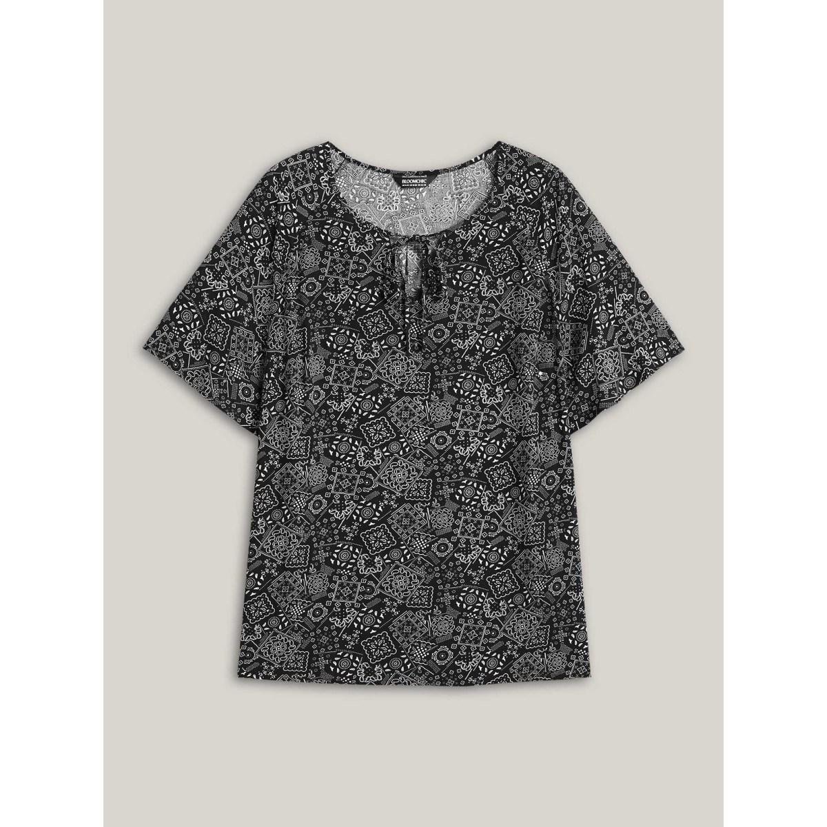 Plus Size Black Boho Print Neck-Tie Blouse Women Resort Short sleeve Ribbon-tied collar Vacation Blouses BloomChic 10/M Product Image