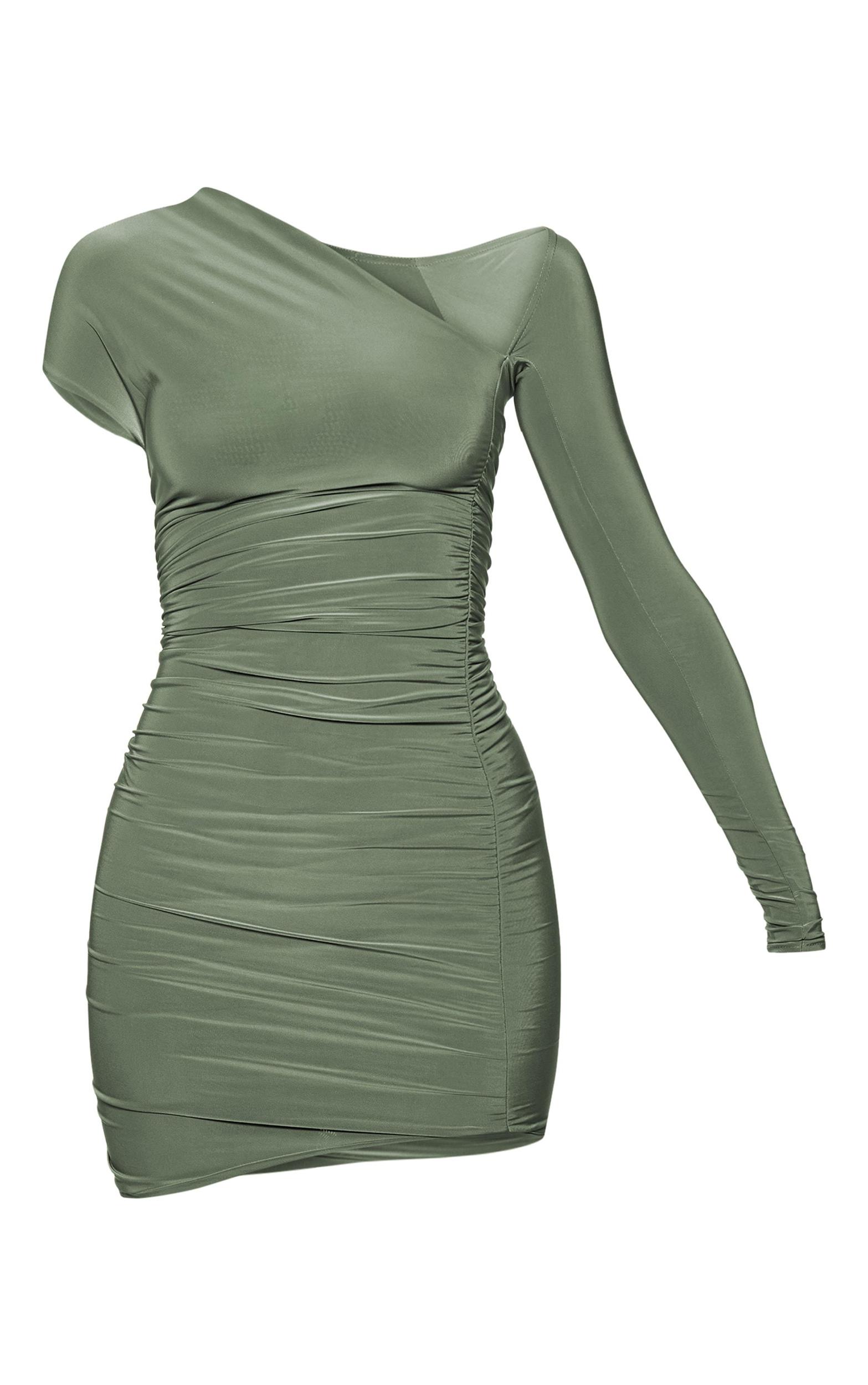 Khaki Double Layer Slinky Ruched Asymmetrical Bodycon Dress Product Image