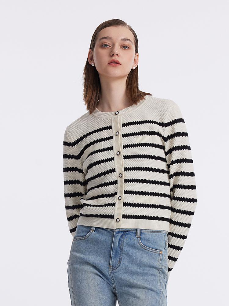 Striped Pearl Button Knitted Women Cardigan Product Image
