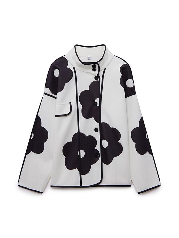 Long Sleeves Loose Contrast Color Flower Print Split-Joint Stand Collar Jackets Outerwear Product Image