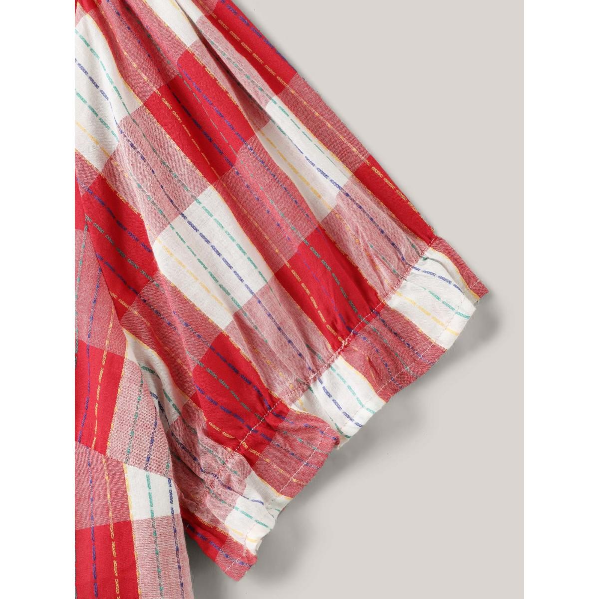 Plus Size Multicolor Cotton Plaid Print V-Neck Puffy Sleeve Blouse Women Playful Short sleeve V-neck Casual Blouses BloomChic 30/6X Product Image