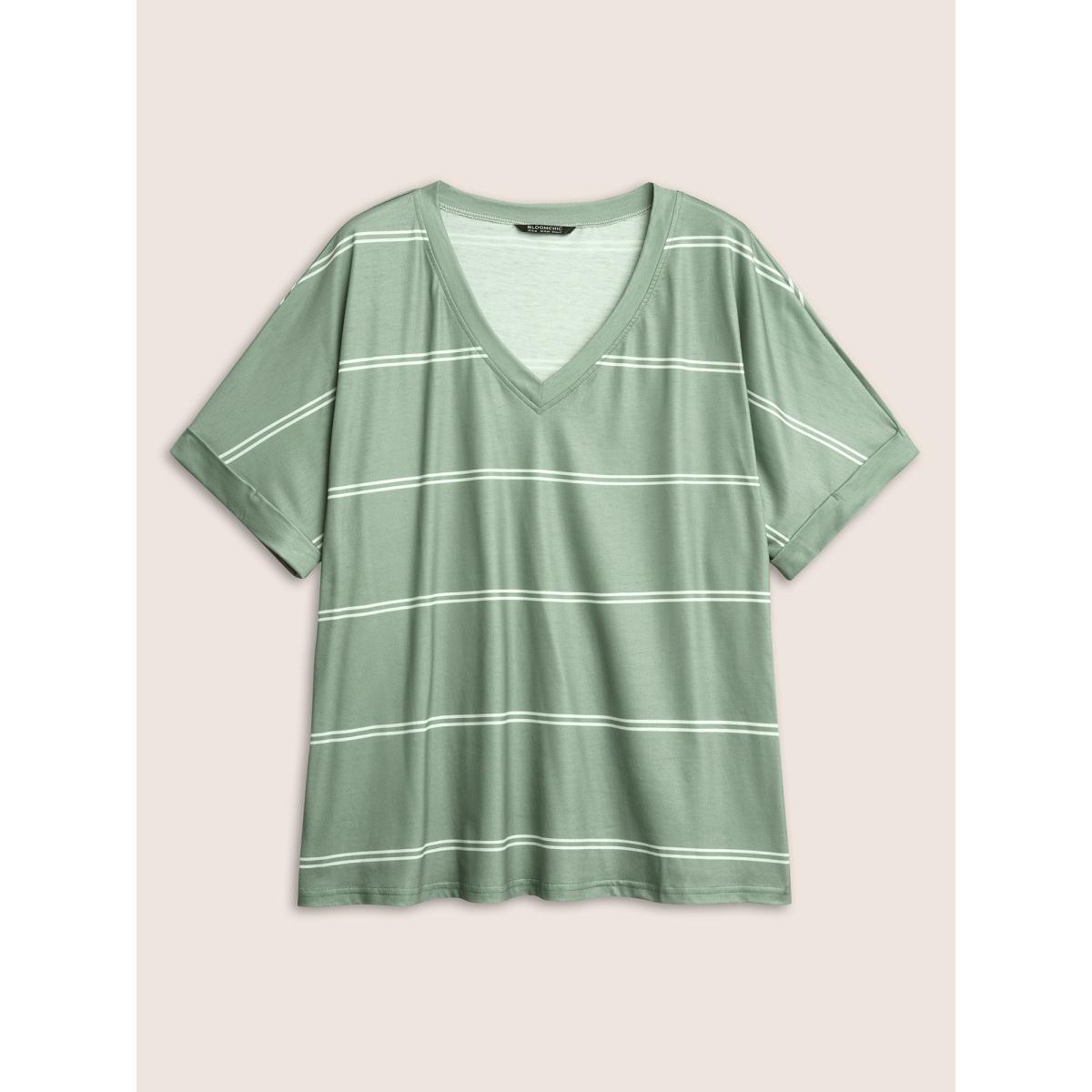 Plus Size Striped Contrast Dolman Sleeve T-shirt Mint Women Casual Striped V-neck Everyday T-shirts BloomChic 10/M Product Image