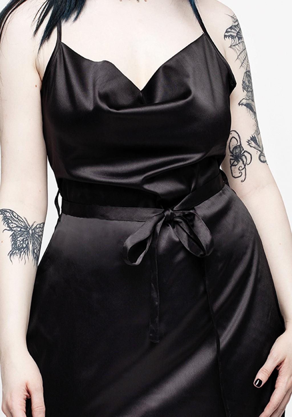 Medeina Cowl Neck Belted Satin Mini Dress - Midnight Black Product Image