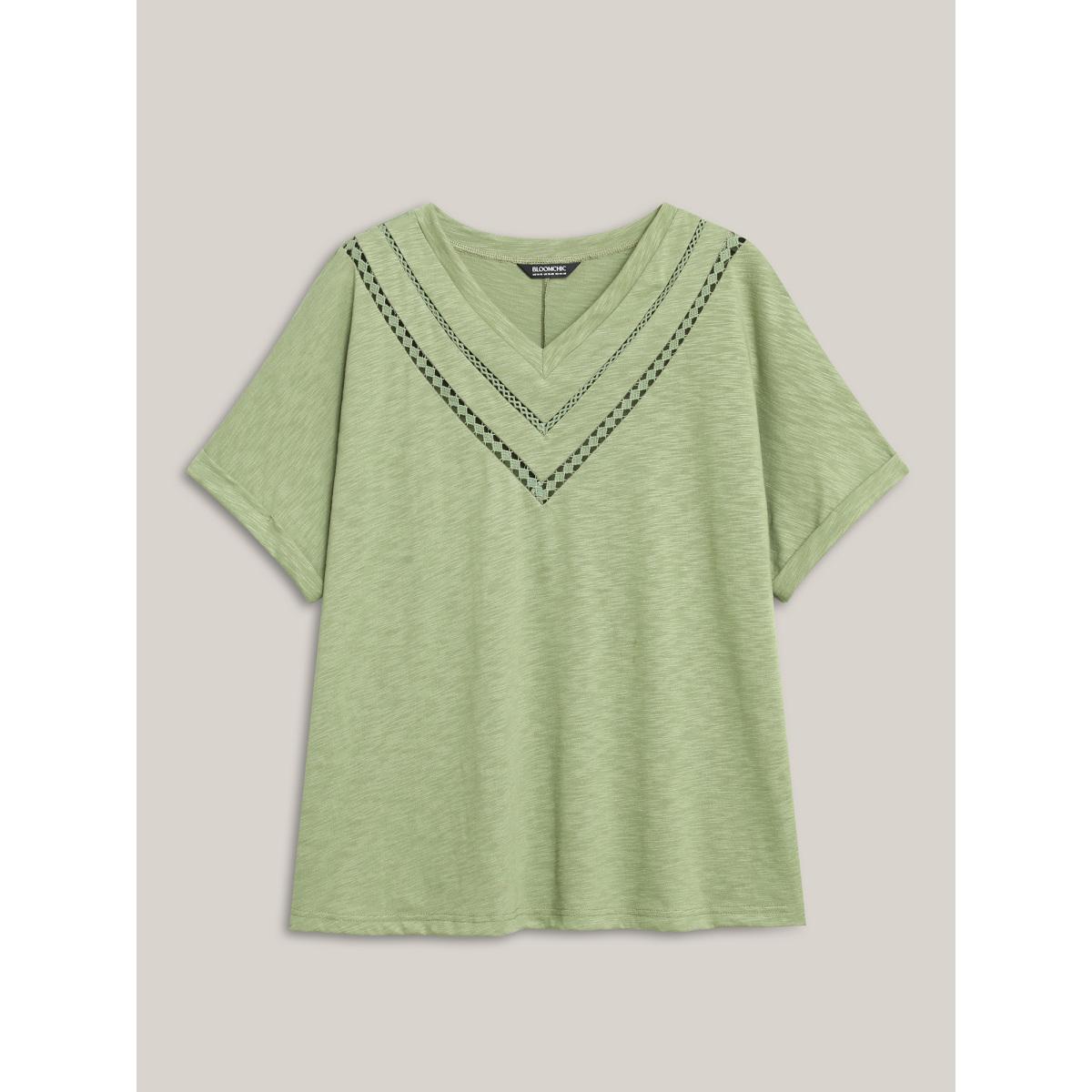 Plus Size Bamboo Fabric Lace Trim Flowy T-Shirt Greenbean Women Woven ribbon&lace trim V-neck Casual T-shirts BloomChic 22-24/3X Product Image