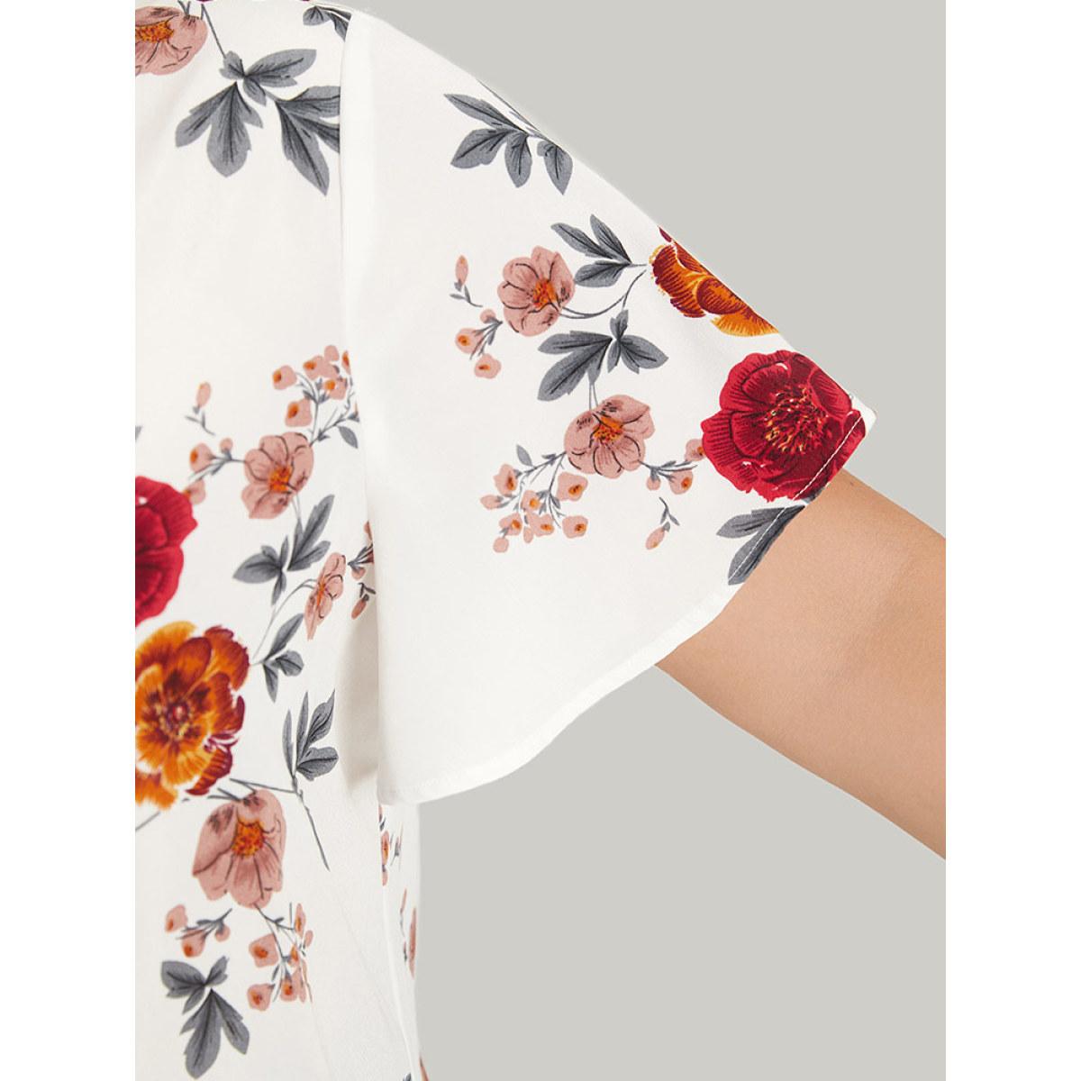 Plus Size White Floral Print High Low Hem Flutter Blouse Women Elegant Short sleeve V-neck Dailywear Blouses BloomChic 10/M Product Image