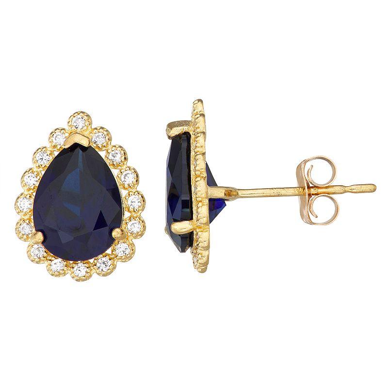 Designs by Gioelli 10k Gold Gemstone Teardrop Halo Stud Earrings, Women's, Created Blue Blue Product Image