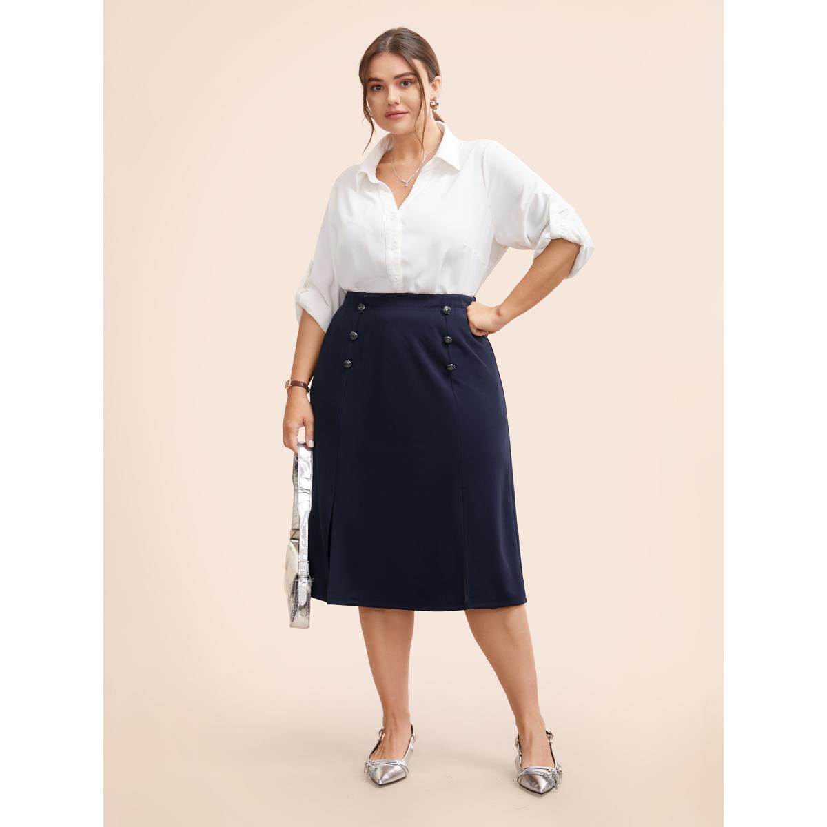 Plus Size Button Detail Split Hem Medium Stretch Skirt Women Indigo At the Office Button Medium stretch Side seam pocket Office Skirts BloomChic 10/M Product Image