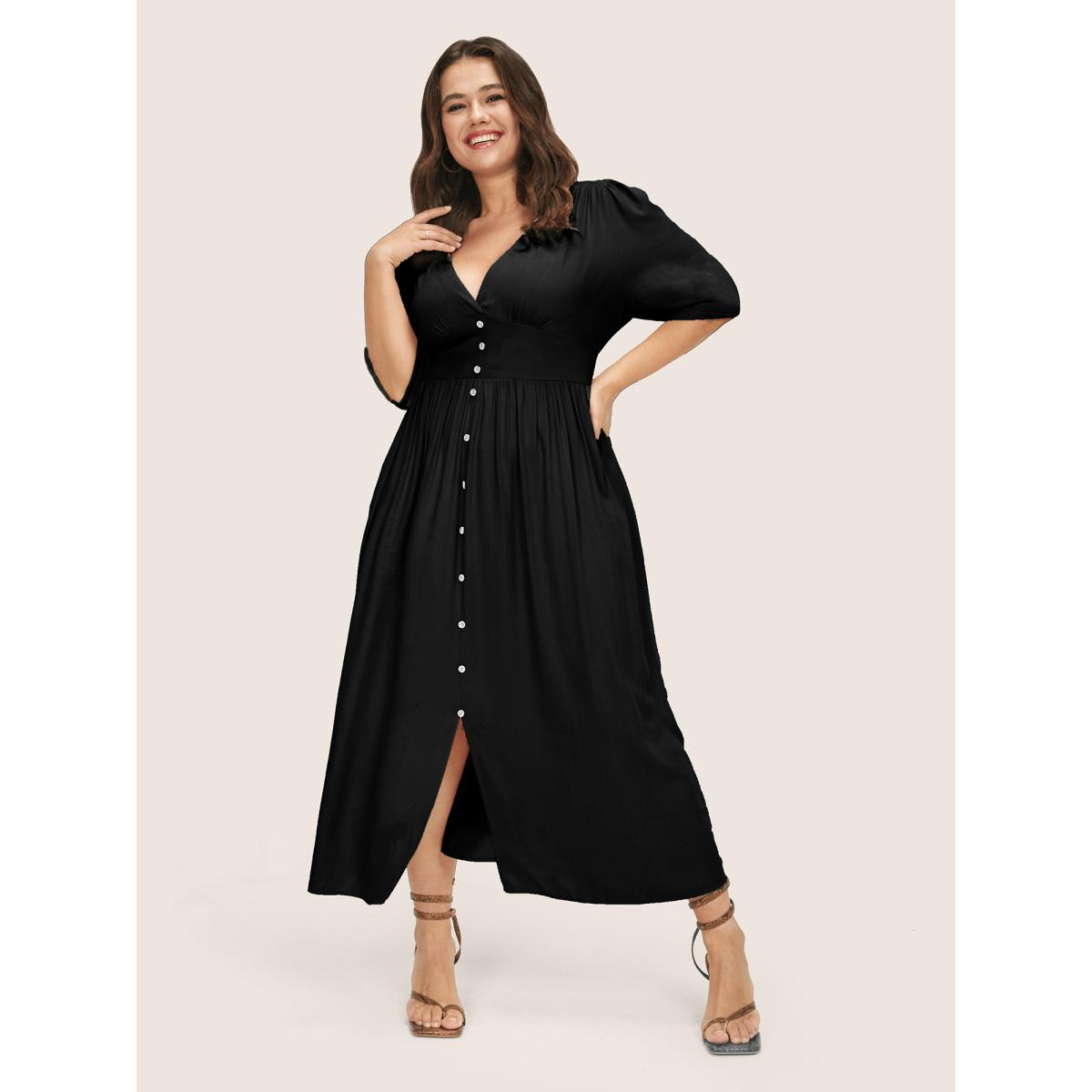 Plus Size Plunging Neck Button Detail Pocket Maxi Dress Black Women Resort Gathered V-neck Short sleeve Curvy Long Dress BloomChic 22-24/3X Product Image