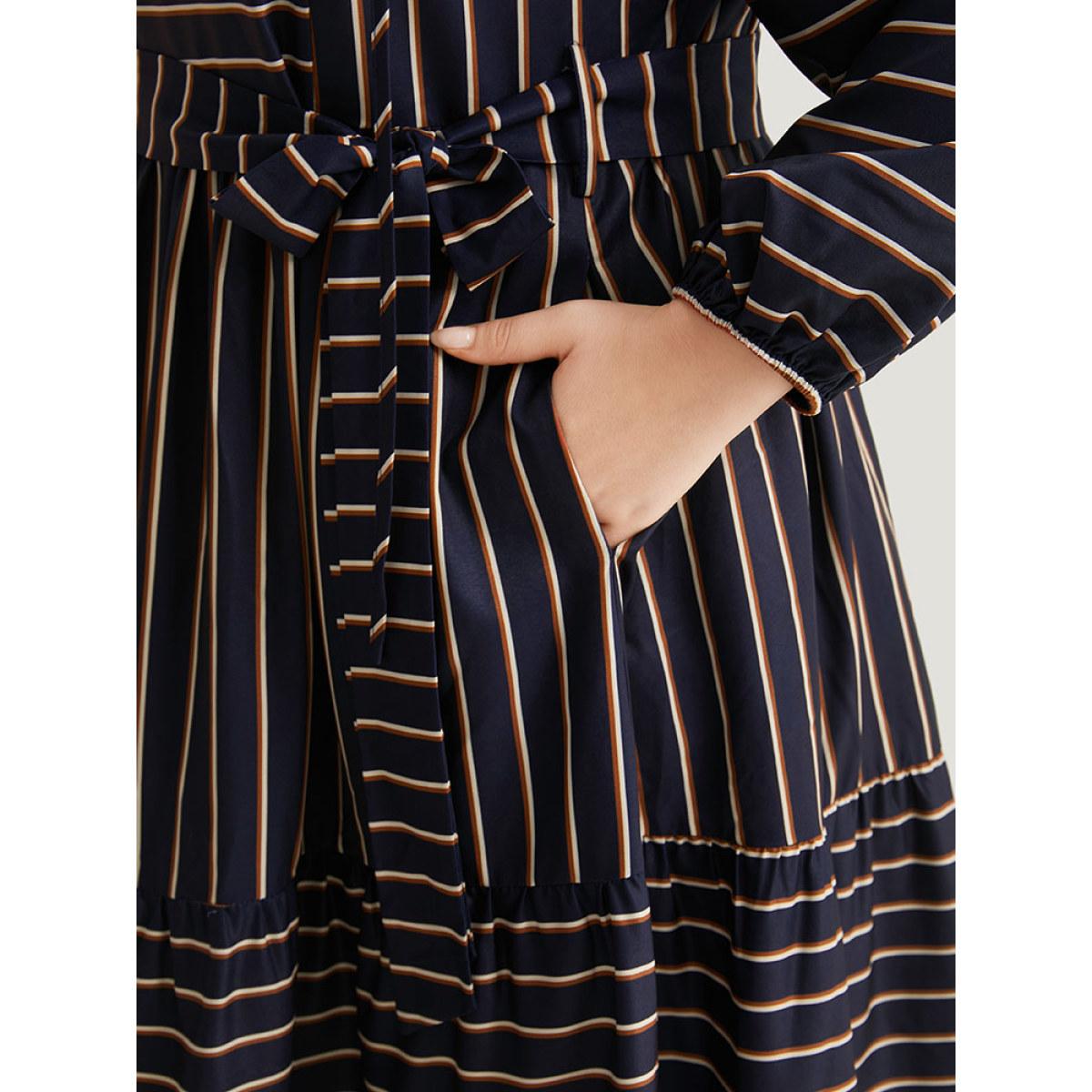 Plus Size Striped Tie Neck Pocket Ties Dress Indigo Women Vacation Elastic cuffs Tie Neck Long Sleeve Curvy Midi Dress BloomChic 30/6X Product Image
