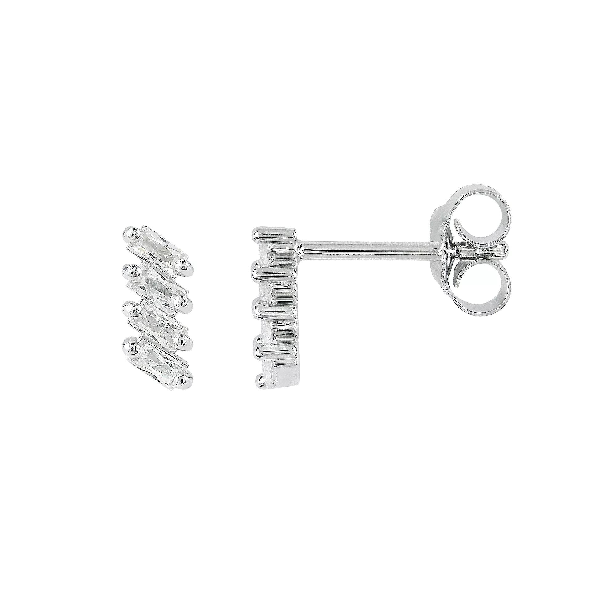 SIRI Sterling Silver Rhodium-Plated Zigzag Stud Earrings with Baguette White Cubic Zirconia, Women's Product Image