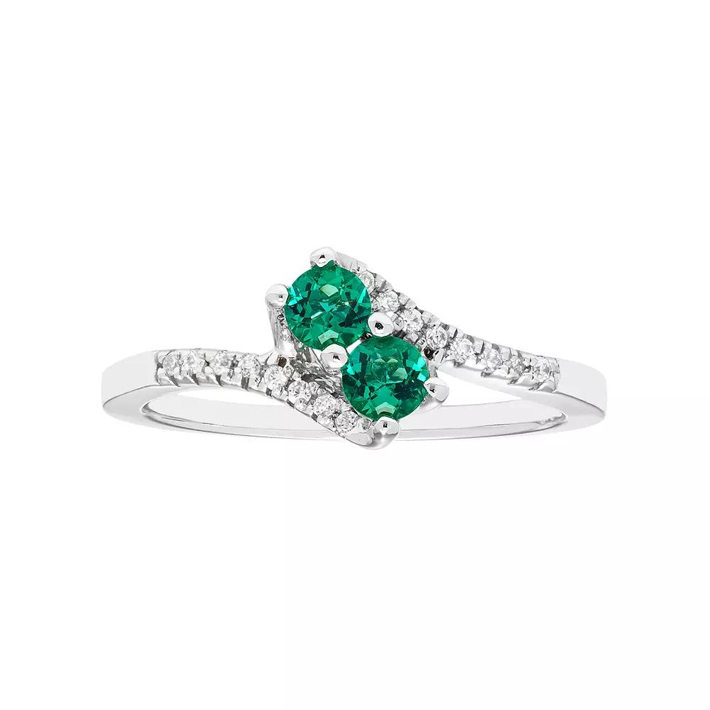 Sterling Silver Lab Created Emerald Two Stone & Diamond Accent Bypass Ring, Women's, Size: 7, Green Product Image
