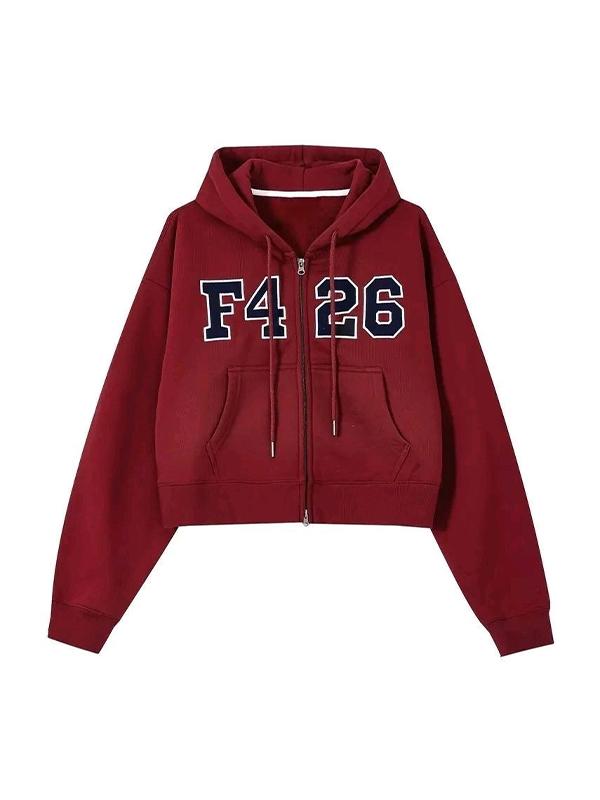Number Embroidery Double Zipper Short Oversized Hoodie Product Image