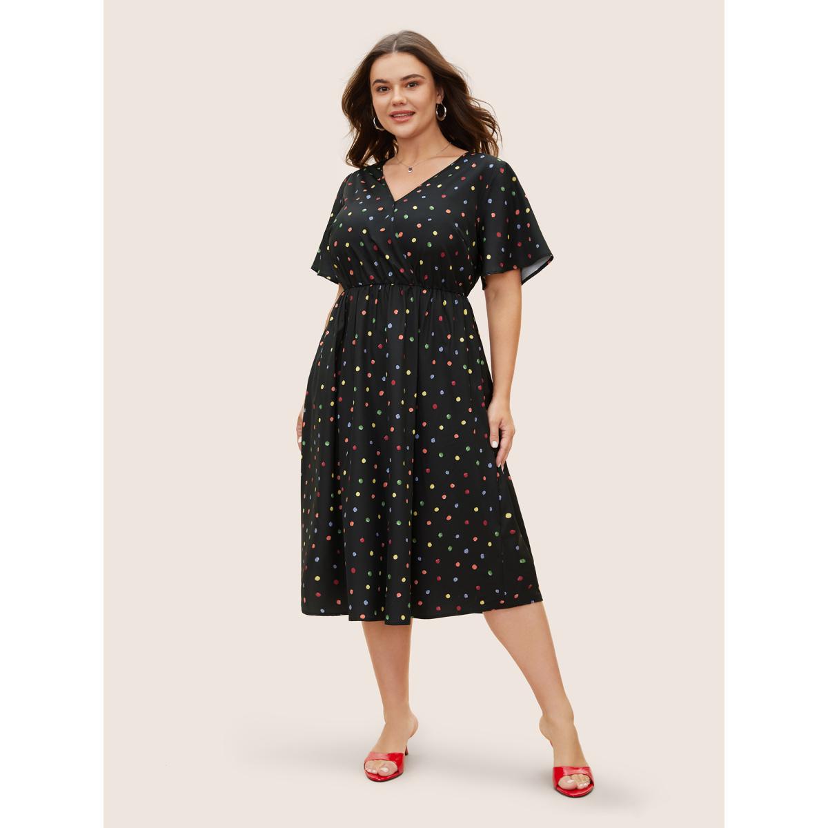 Plus Size Colored Polka Dot Overlap Collar Midi Dress Black Women Elegant Contrast Overlap Collar Short sleeve Curvy BloomChic 14-16/1X Product Image
