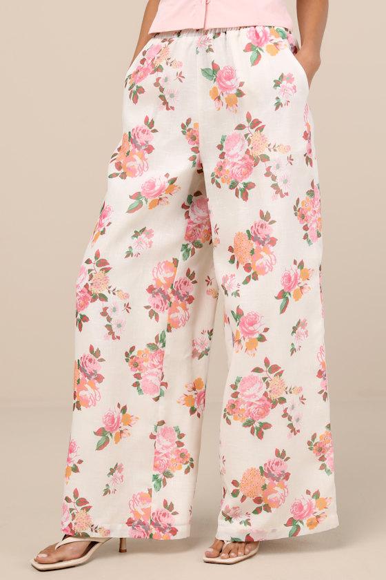 Zerina White and Pink Floral Print Wide-Leg Pants Product Image