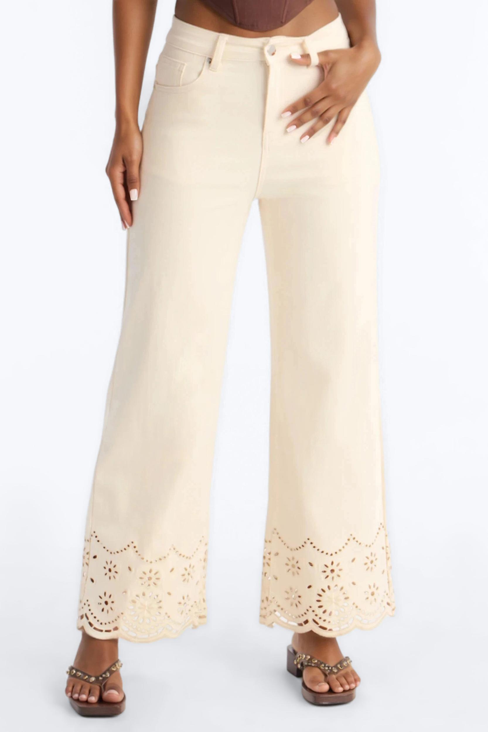 Valencia Eyelet Trim Premium Denim Stretch Jeans - Cream Female Product Image
