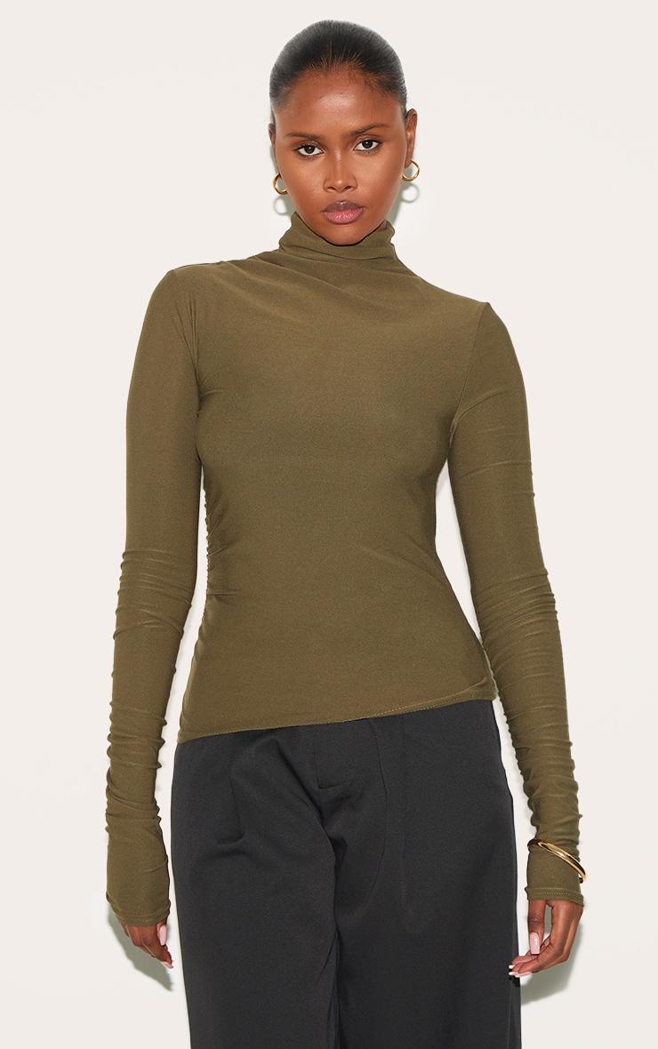 Khaki Soft Touch High Neck Ruched Sleeve Top Product Image