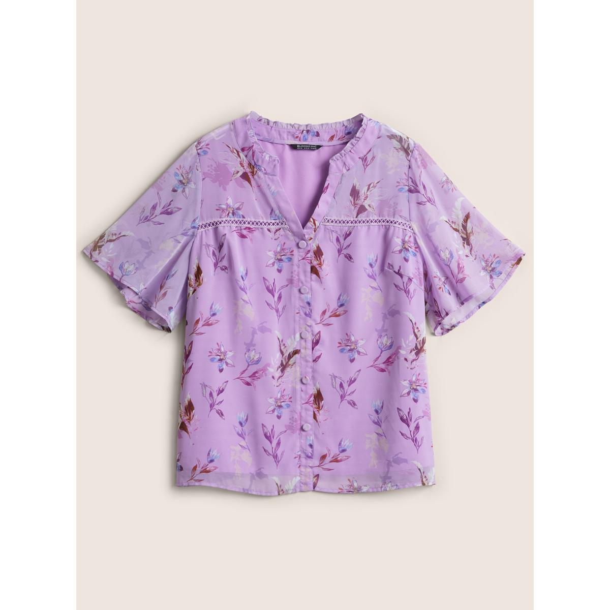 Plus Size Purple Plants Guipure Lace Button Detail Mesh Blouse Women Elegant Short sleeve V-neck Everyday Blouses BloomChic 22-24/3X Product Image