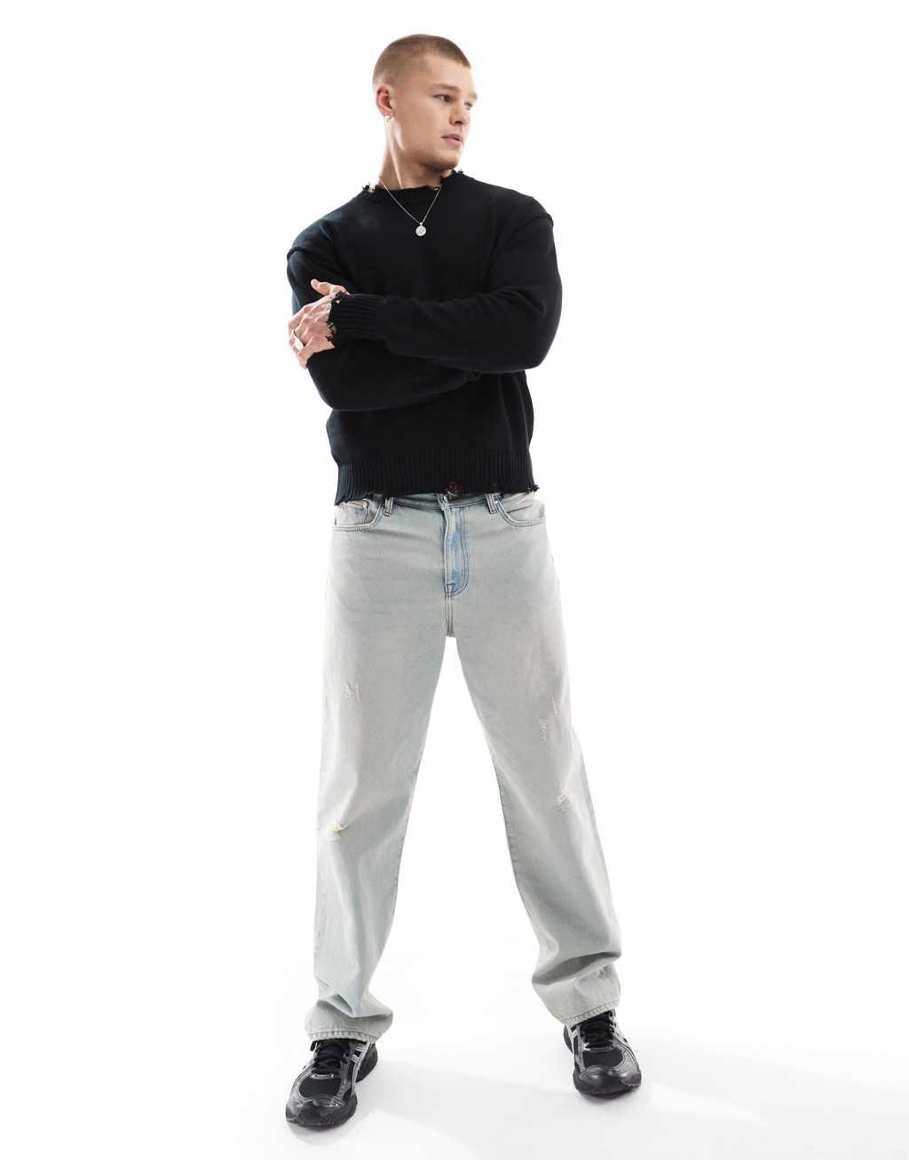 Bershka distressed knitted sweater in black Product Image