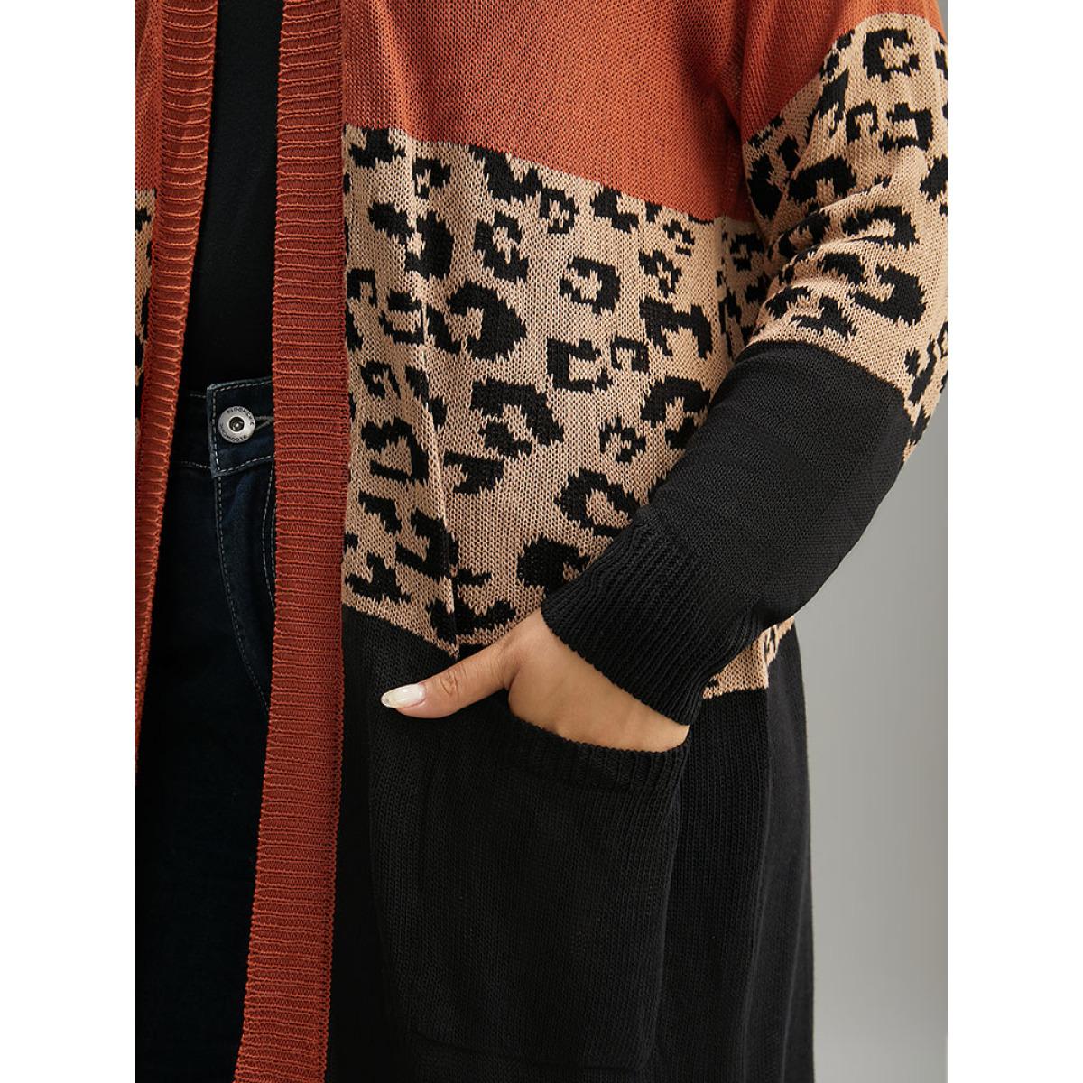 Plus Size Leopard Colorblock Patchwork Patched Pocket Cardigan Multicolor Women Casual Loose Long Sleeve Dailywear Cardigans BloomChic 28/5X Product Image