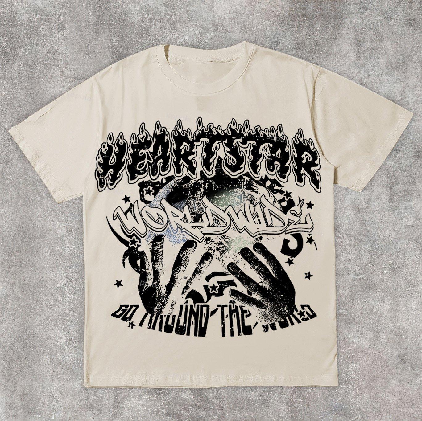 Vintage Heart Star Worldwide Print Graphic Cotton T-Shirt Product Image