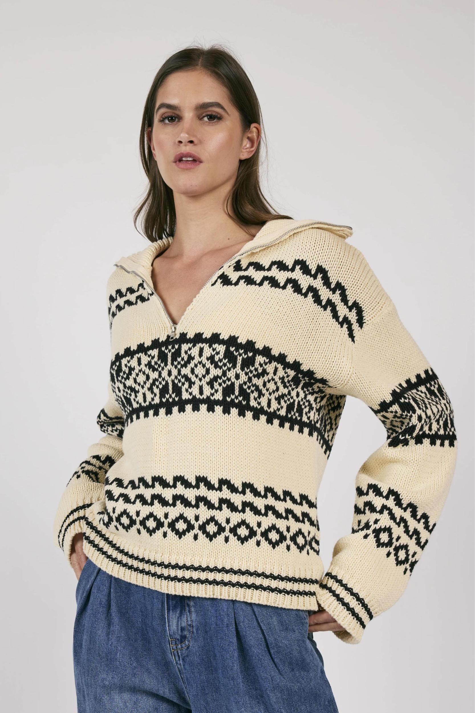 Great Outdoor Half Zip Sweater- Cream/Black Product Image