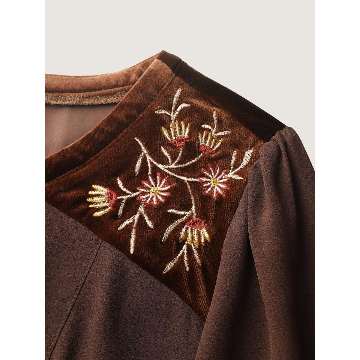 Plus Size Browncoffeecolor Embroidered Pleated Ruffled Sleeve Blouse Women Boho Long Sleeve Flat collar with V-notch Vacation Blouses BloomChic 30/6X Product Image