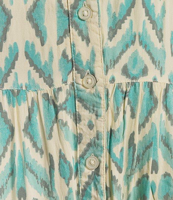 ELAN Printed Collared V-Neck Cuffed Cap Sleeve Button Front A-Line Dress Product Image