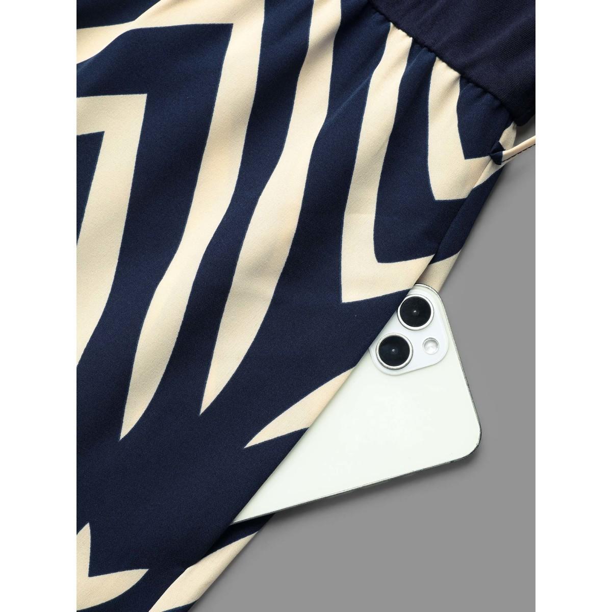 Plus Size DarkBlue Supersoft Geometric Block Stretchy-Waist Jumpsuit Women Elegant Long Sleeve Square Neck Everyday-Elegant Loose Jumpsuits BloomChic 28/5X Product Image