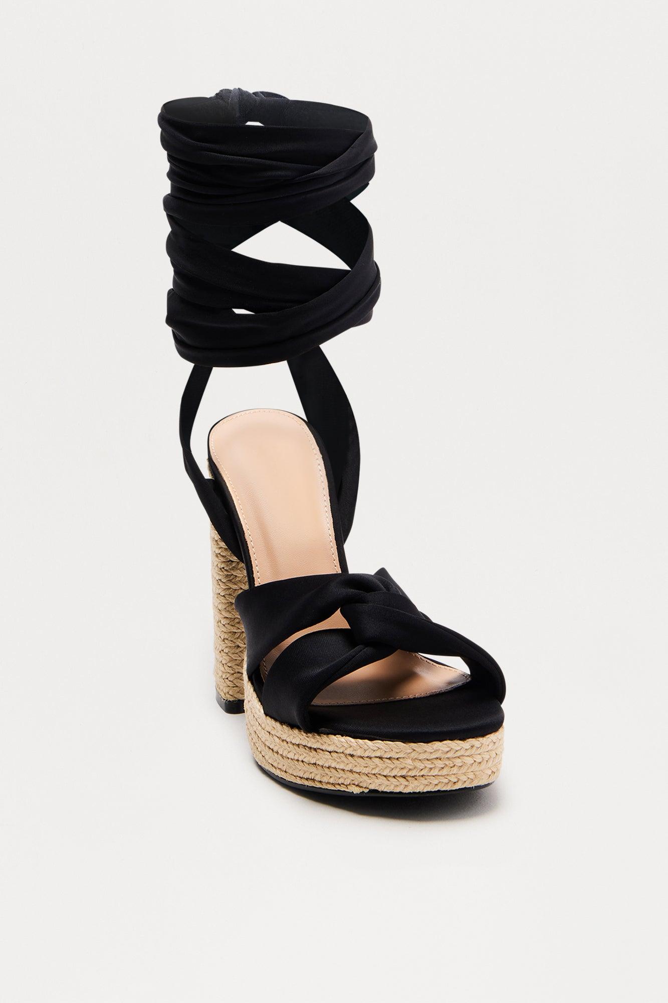 Gracehill Jute Peep Toe Wrap Up Heels - Black Product Image