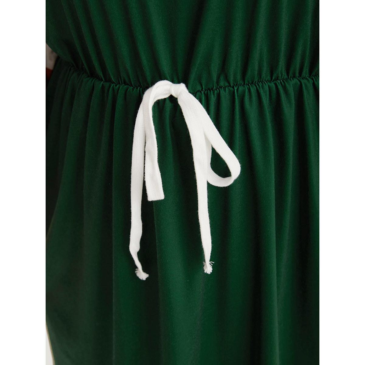 Plus Size Striped Contrast Pocket Bowknot Patchwork Dress DarkGreen Women Casual Cross straps Round Neck Elbow-length sleeve Curvy Midi Dress BloomChic 14-16/1X Product Image