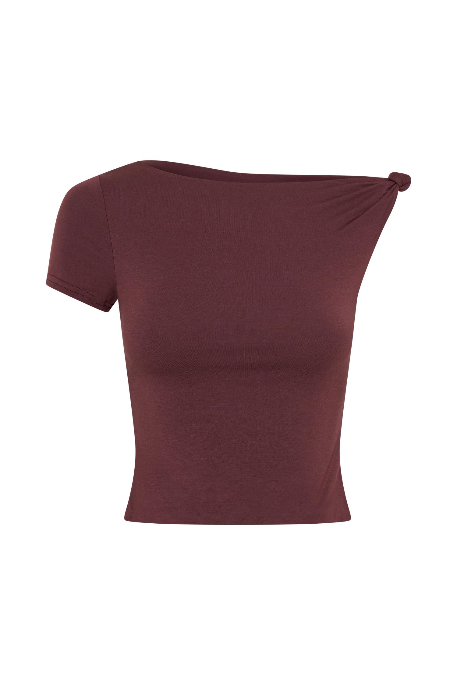 Betty Short Sleeve Modal Top With Knot Shoulder - Mahogany Product Image
