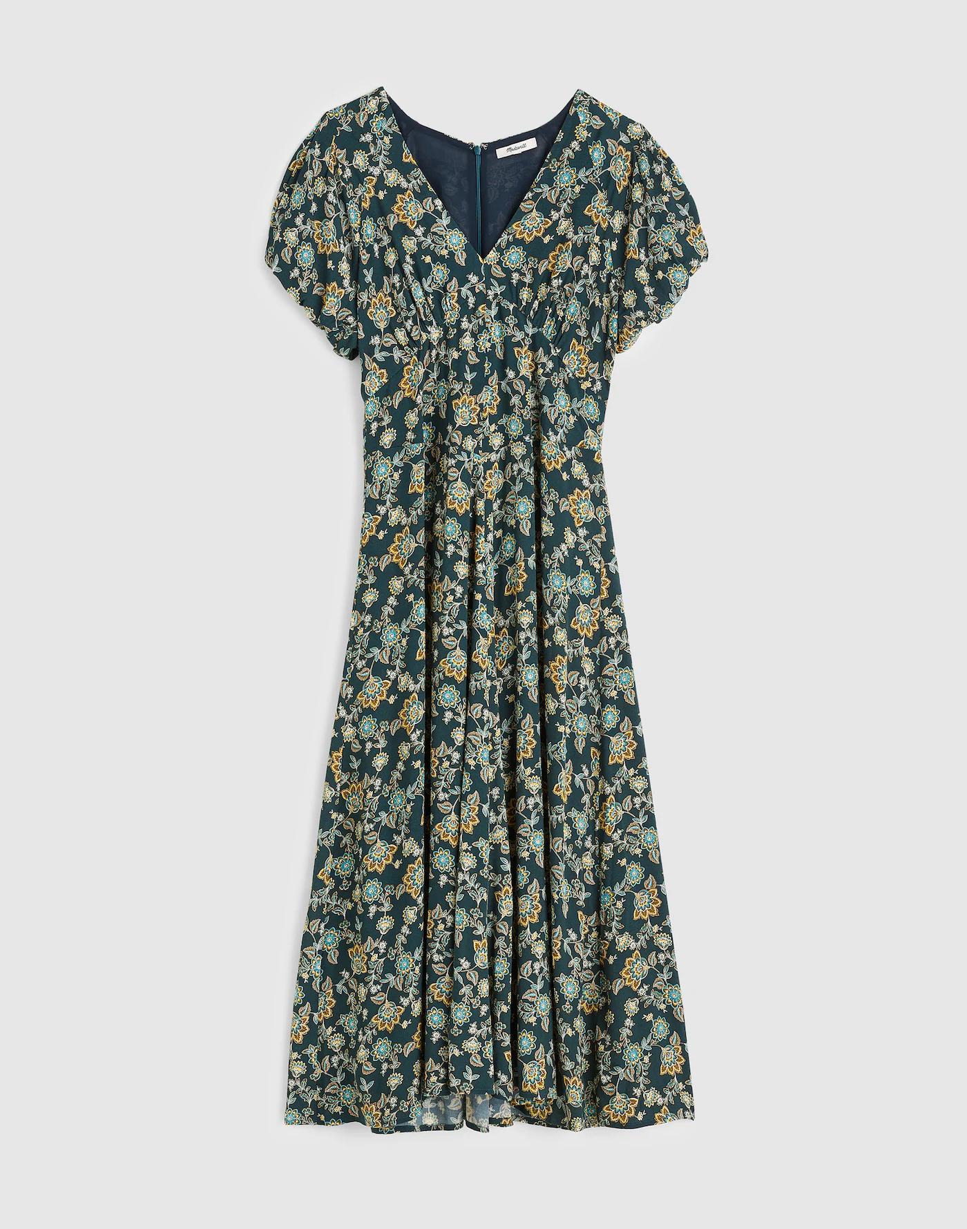 Seamed Puff-Sleeve Midi Dress in Floral Product Image