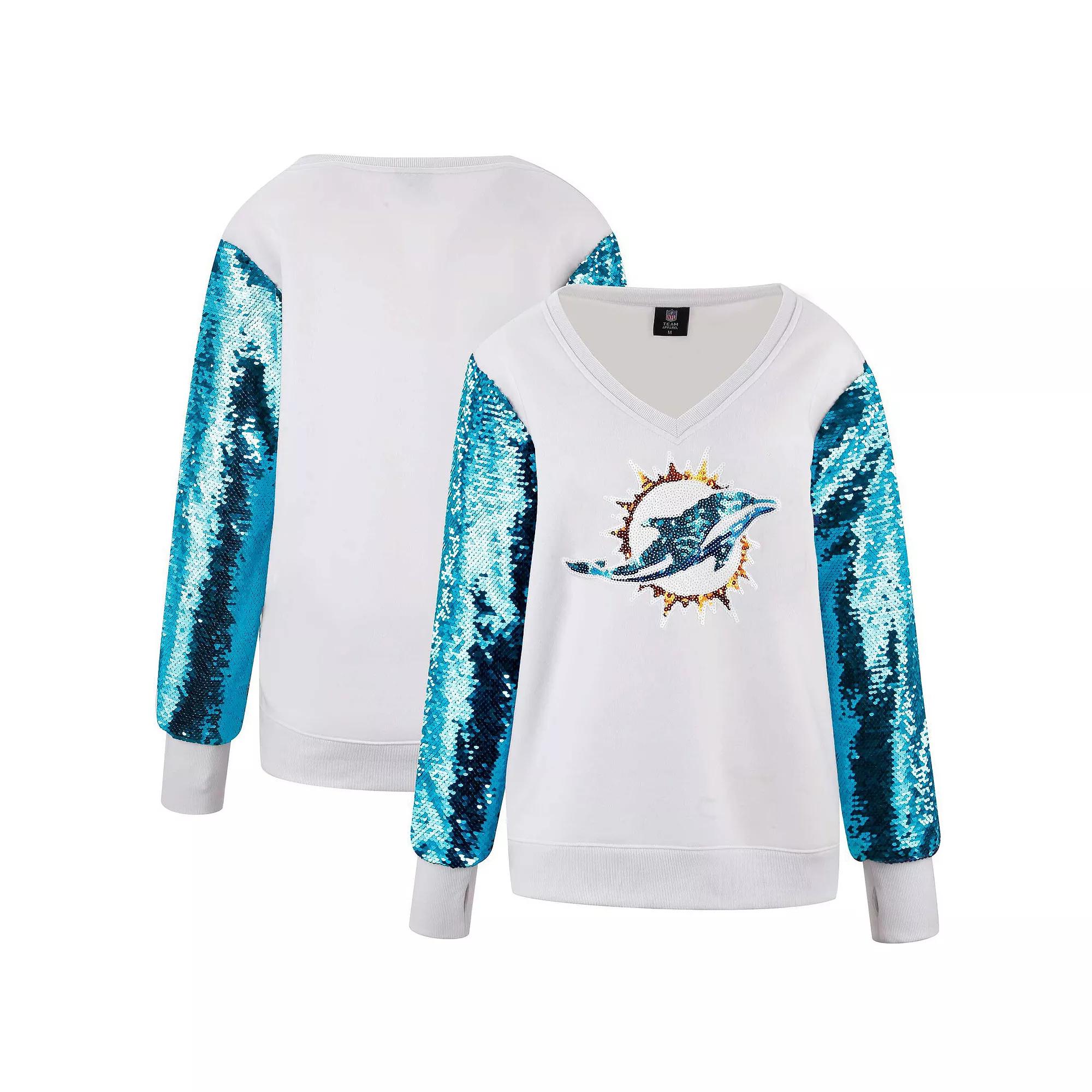 Women's Cuce White Miami Dolphins Sequin Sleeve V-Neck Pullover Sweatshirt, Size: Large Product Image