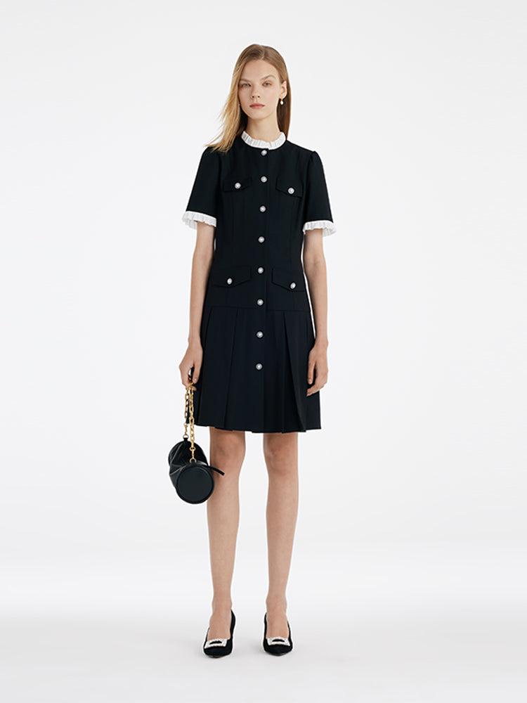 Ruffle Trim Pearl Buttons Women Mini Dress Product Image