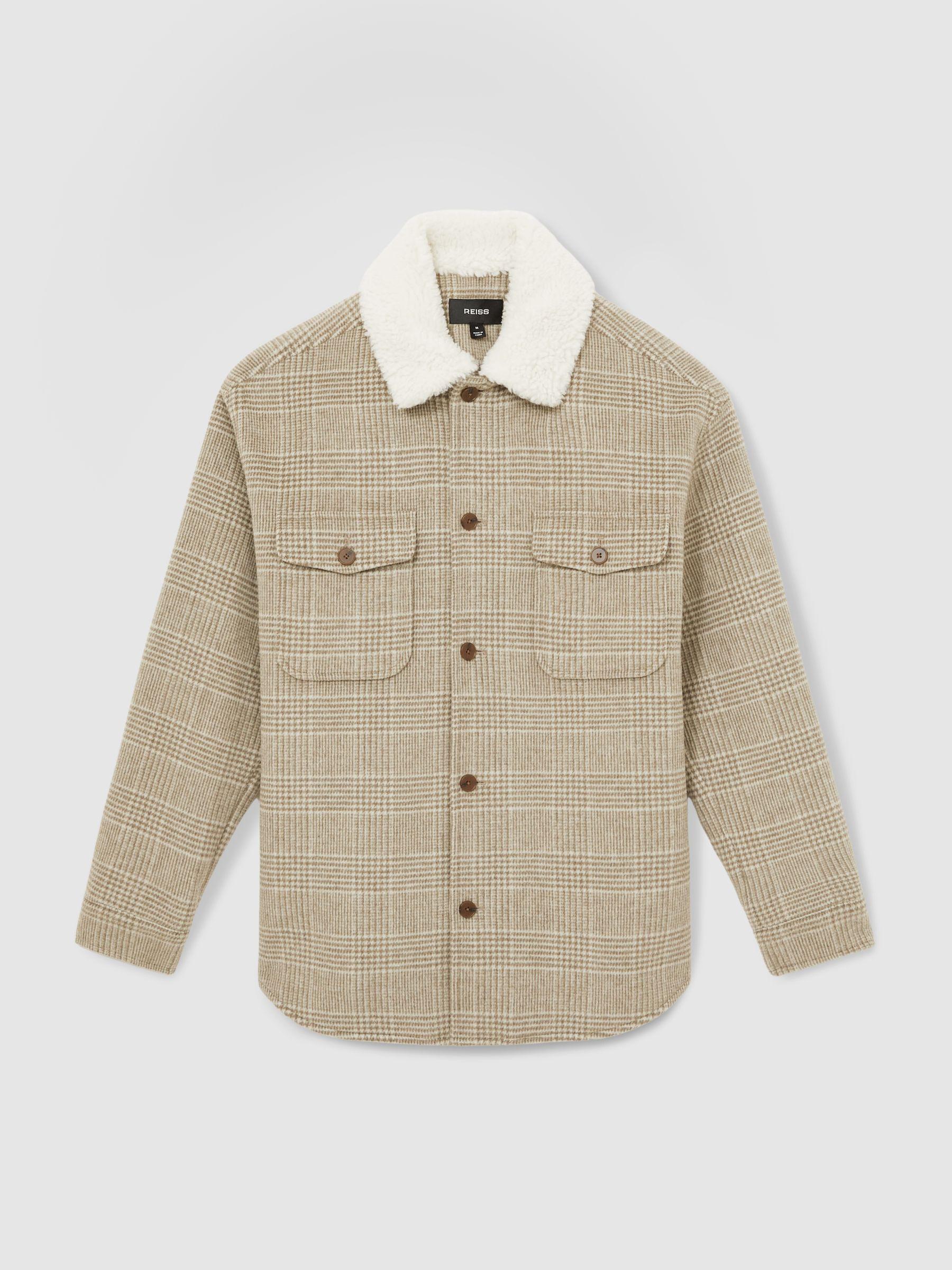 Wool-Blend Borg-Collar Check Overshirt in Oatmeal Product Image