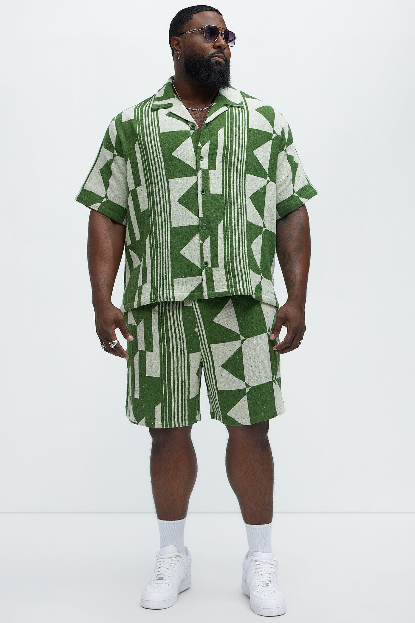 Abstract Cuban Collar Button Down Shirt - Olive/combo Product Image