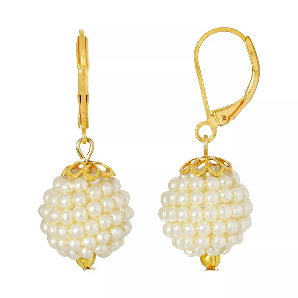 1928 Gold Tone Simulated Pearl Seeded Ball Drop Earrings, Womens, White Product Image