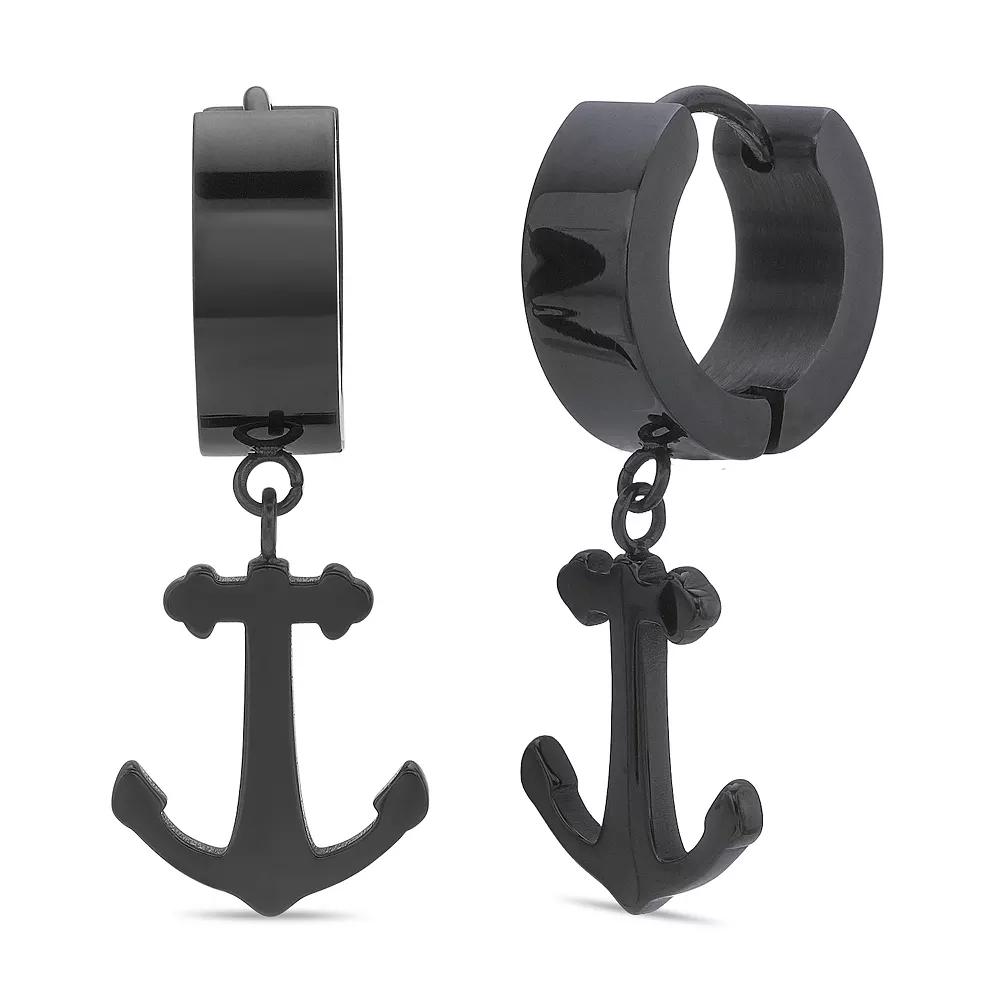 Men's LYNX Ion Plated Stainless Steel Anchor Hoop Earrings, Black Product Image
