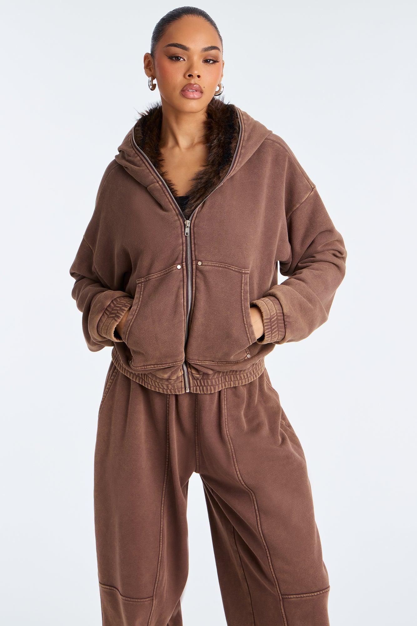 Melanie Fur Trim Pant Set - Brown Female Product Image